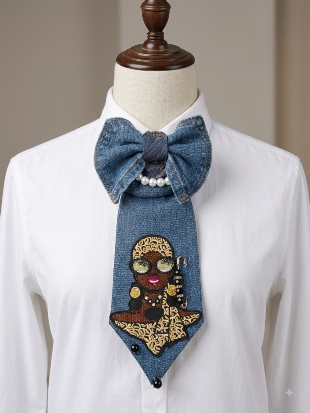 Denim Bow Tie Neck Accessory with Embroidered Patch - Blue